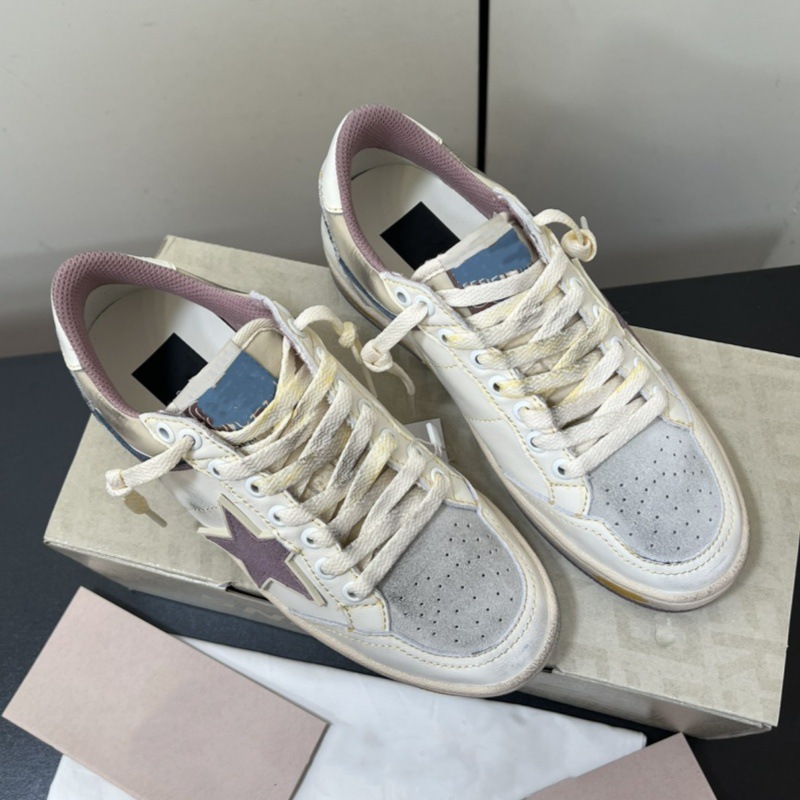 Golden women's purple leather two-tone sneakers with hidden heel, breathable shoes, with a vintage distressed effect, round toe
