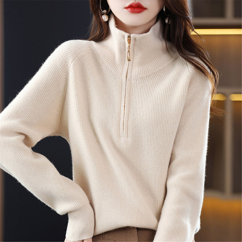 Soft glutinous Korean style all-match turtleneck half zipper loose pullover solid color lapel sweater women's fashionable sweater top Soft glutinous Korean style all-match turtleneck half zipper loose pullover solid color lapel sweater women's fashionable sweater top