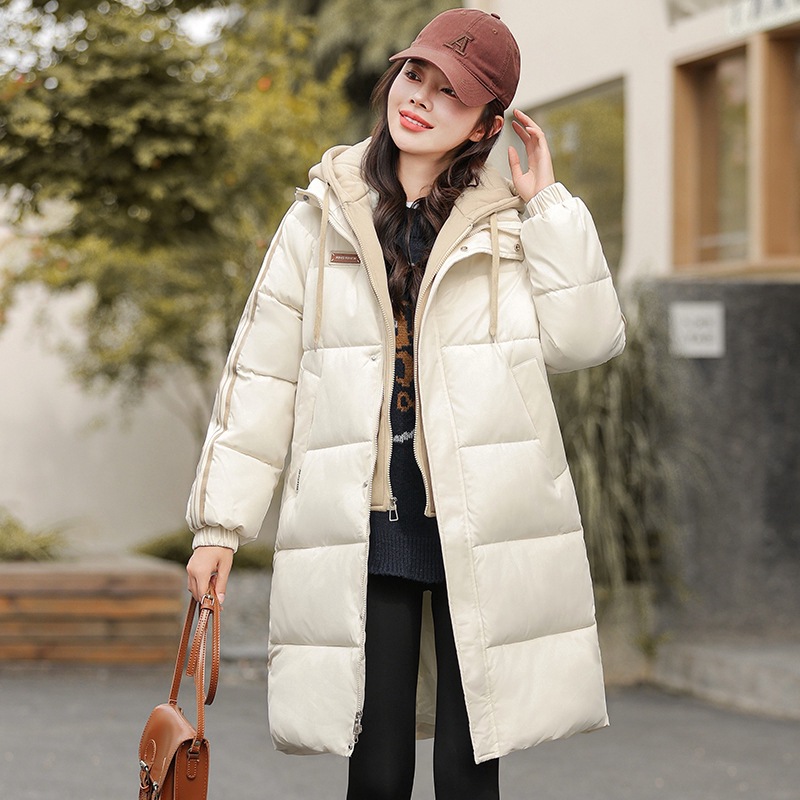 2024 nuevo algodón de invierno falso de dos piezas de chaqueta de estudiante largo y medio vestido de pan con capuz nuevo estilo coreano
