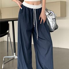 新款拼色松紧腰宽松阔腿休闲裤女夏季肌理垂感直筒拖地裤百搭潮流
