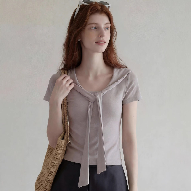 European and American Foreign Trade Amazon Cross-Border Women's Clothing Wholesale Shawl Collar Tie-Up T-Shirt Women's Slim Short-Sleeve Crop Top Summer