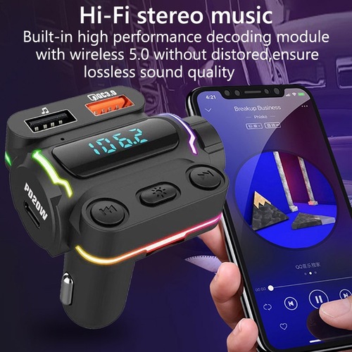 Car Bluetooth Hands-Free FM Transmitter, MP3 Music Player, QC3.0 Fast Charging, PD20W Dual Output