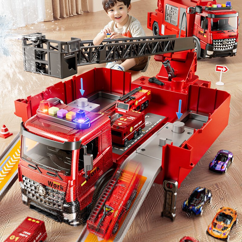 New large deformation fire truck toy boy alloy ladder car 6 water spray 4 children suit car 2 years old