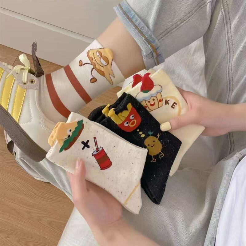 New Socks Fun Cartoon Fries Socks Women's Mid-Calf Socks Trendy Autumn and Spring Thin Japanese Cute Striped Burger Socks