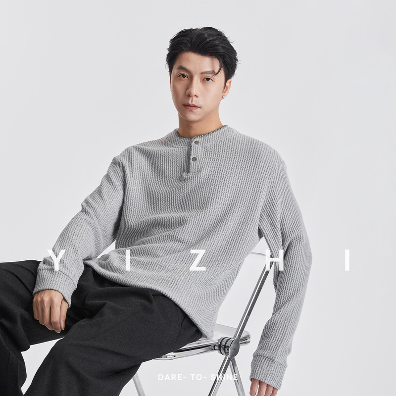 Yizhi 2026 Fall/Winter Men's Waffle Knit Sweater Cleanfit Heavyweight 450g Henley Collar Long Sleeve T-Shirt Yizhi 2026 Fall/Winter Men's Waffle Knit Sweater Cleanfit Heavyweight 450g Henley Collar Long Sleeve T-Shirt