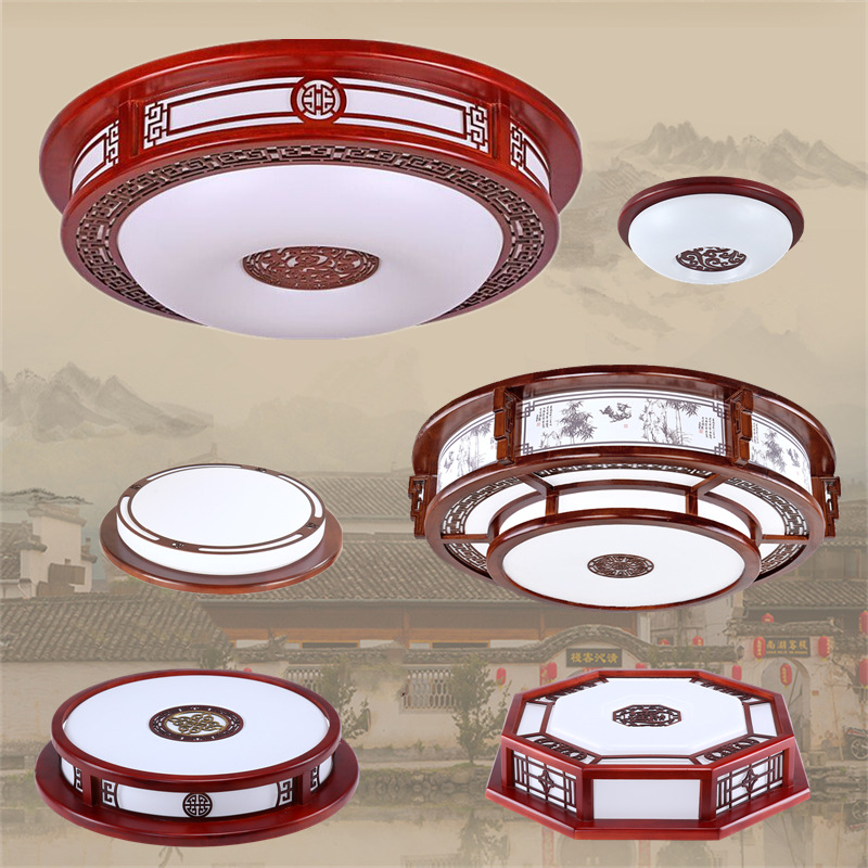 New Chinese Style Solid Wood Living Room Ceiling Lamp Mahogany Octagonal Round Headlight Rubber Wood Chinoiserie Restaurant Lamp Balcony Lamp