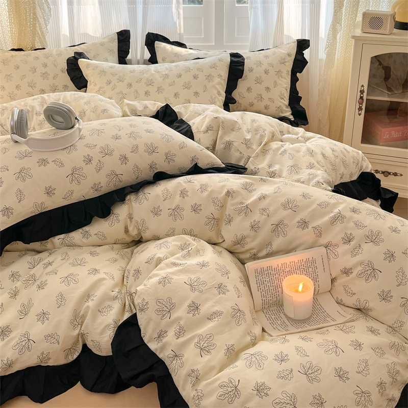 Ensemble quatre pièces en dentelle 100% coton style bohème vintage nordique français, housse de couette et drap en pur coton frais style coréen, parure de lit simple à motif floral vintage_voghion.com
