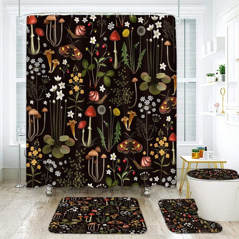 Forest Mushroom Flowers Grass Pattern Bathroom 4-Piece Set Includes Bathroom Non-Slip Mat Bathroom Set Floor Mat Toilet Mat Shower Curtain