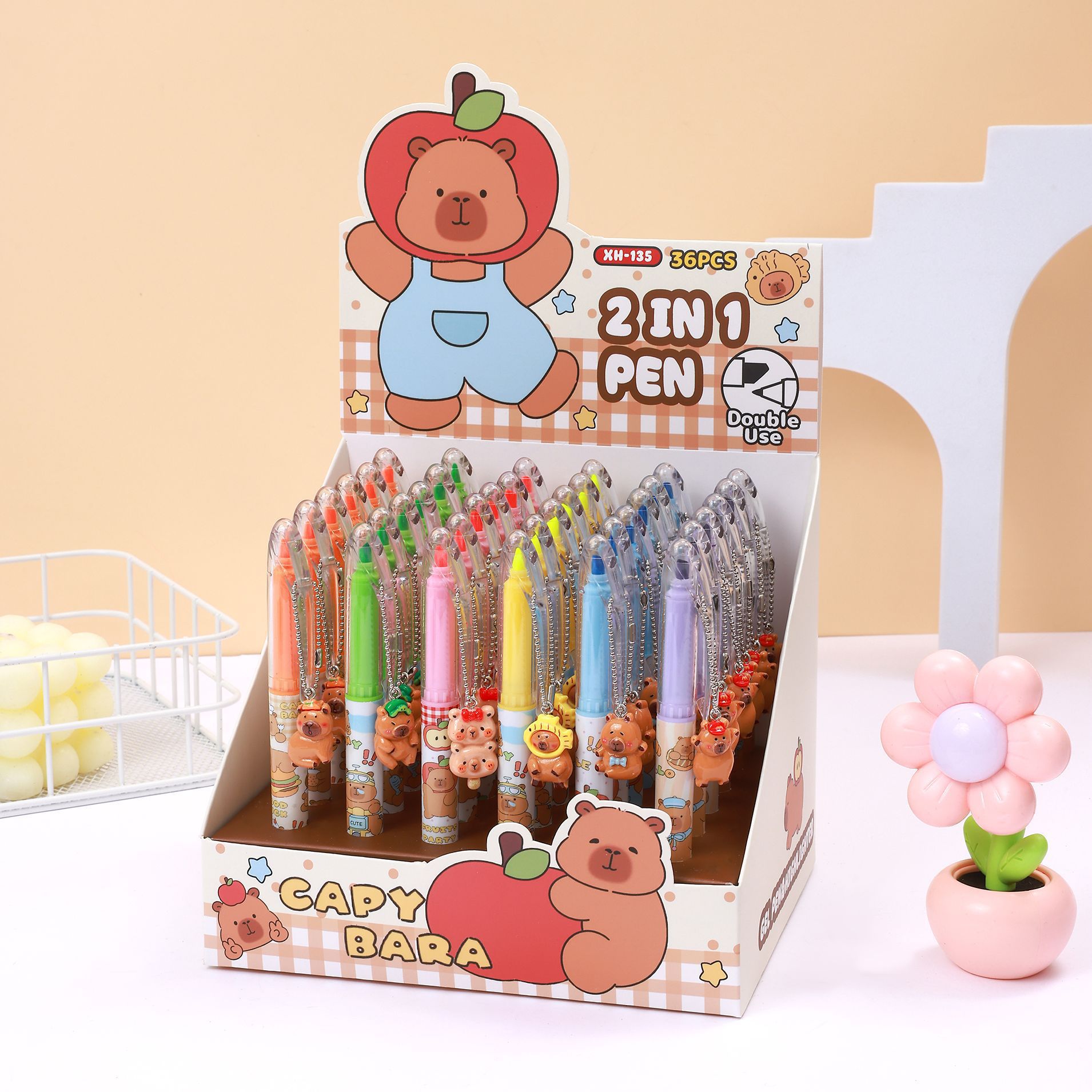 Kapibala Gel de dos cabezas Resaltador Colgante de dibujos animados de seis colores Pluma negra Bolígrafo de notas de dibujos animados Papelería para estudiantes de primaria