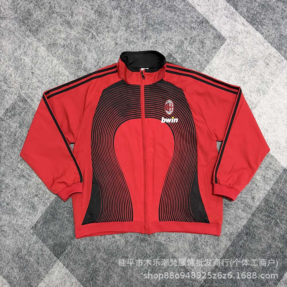 AC Milan Classic Red and Black Casual Waterproof Windbreaker Football Jacket Long Sleeve Training Warm-Up Jacket for Men