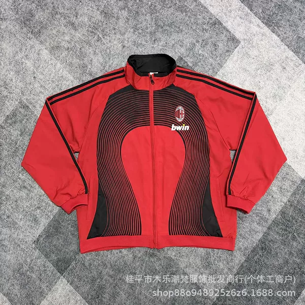 AC Milan Classic Red and Black Casual Waterproof Windbreaker Football Jacket Long Sleeve Training Warm-Up Jacket for Men