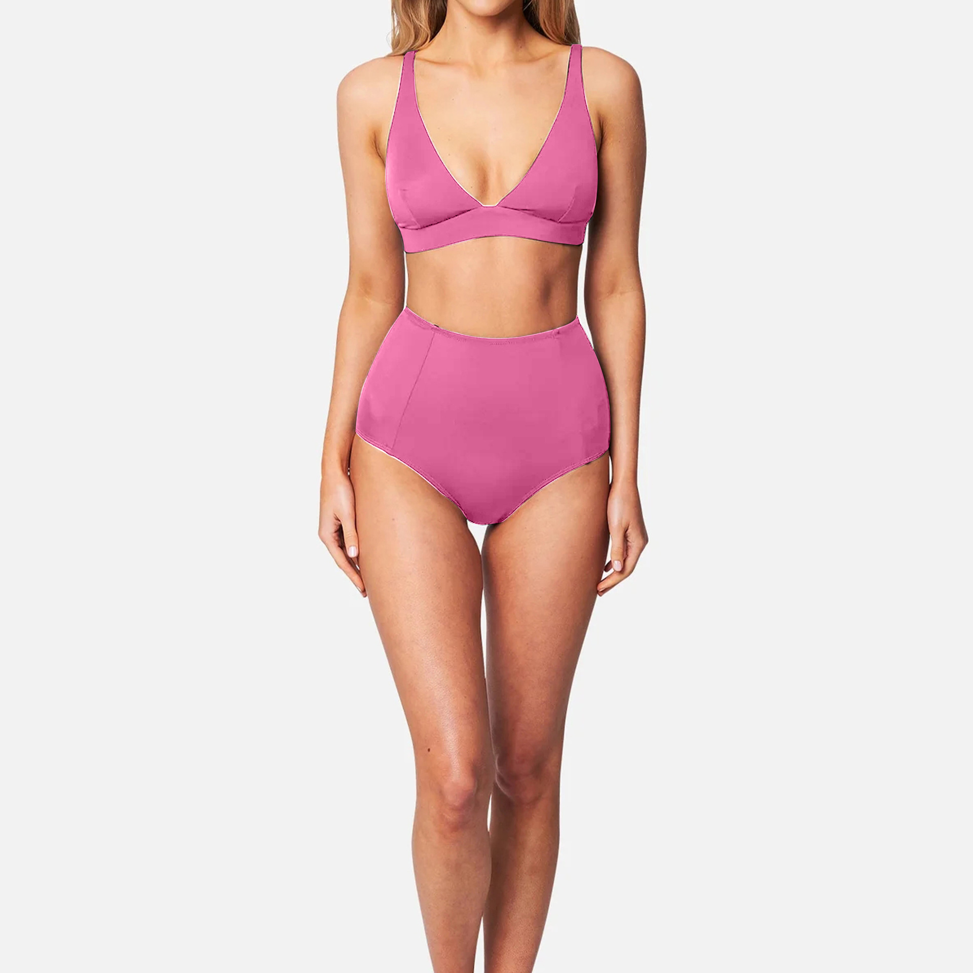 High-waisted Two Piece Bikini Solid Colour Swimsuit For Women_voghion.com