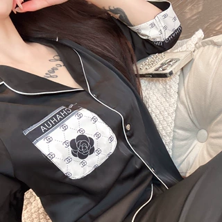 YD家居服2024秋冬新款冰丝睡衣女长袖高级感小香风山茶花丝绸套装