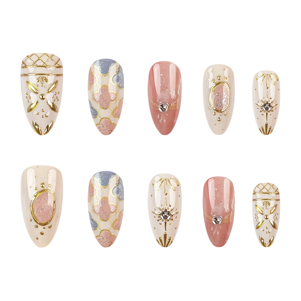 Transfronterizo estereoscopio LIP dorado diamante desgaste de uñas barrocas retrógradas 24 piezas de uñas falsas europeas y estadounidenses al por mayor