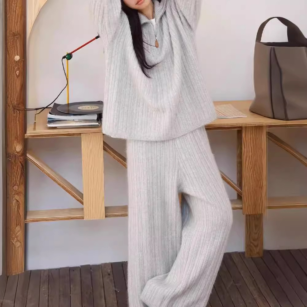 Damenbekleidung Lässiger Sportanzug im Lazy-Stil für Damen, Herbst- und Wintermode, hochwertiger Strickpullover, Hose mit weitem Bein, zweiteiliger Anzug, trendig_voghion.com