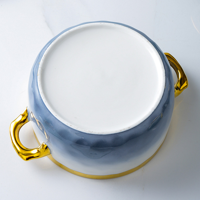 INS japonés-estilo simple tazón de cerámica hogar creativo color sólido gradiente doble-oreja sopa olla con tapa ensalada tazón de fideos instantáneo