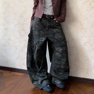 春秋季美式多口袋迷彩褶皱直筒工装裤街头做旧宽松弯刀长裤男女