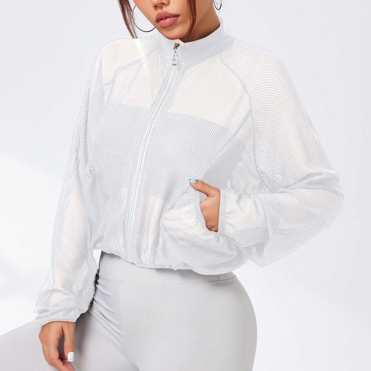 Amazon Cross-Border White Mesh Sports Jacket, Lightweight and Breathable, Sporty Women's Solid Color Hollow-Out Yoga Jacket