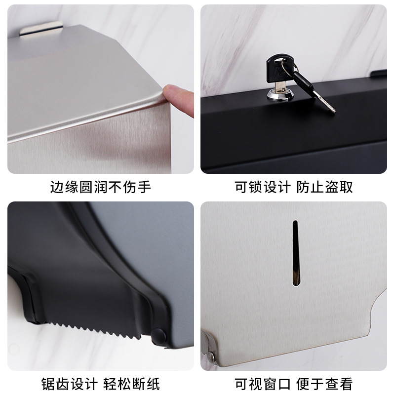 Dispensador de papel higiénico de acero inoxidable 304, tipo rollo grande, ideal para hoteles, baños públicos y restaurantes.