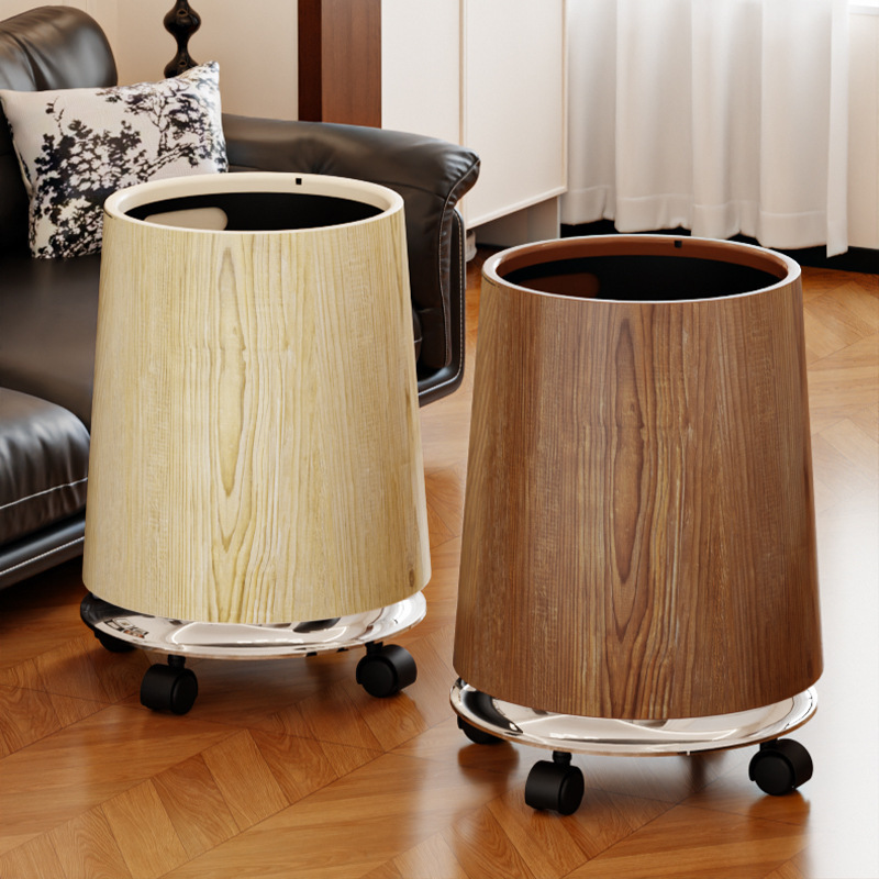 Imitation Wood Grain Style Accessible Luxury Trash Can Bedroom Kitchen Large Capacity Creative Mid-Century Style B&B Commercial Trash Can with Wheels
