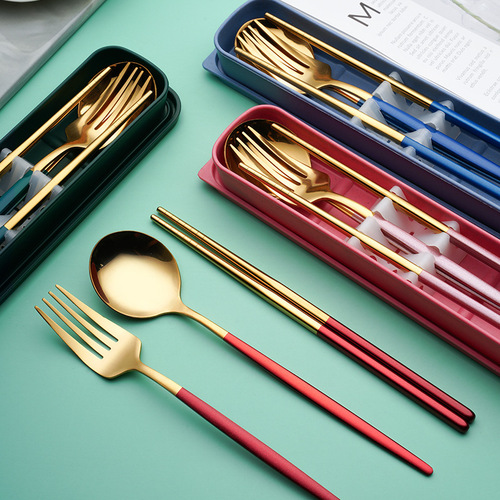 Stainless steel convenient tableware set Selected Portuguese fork, spoon and chopsticks three-piece set outdoor camping and picnic tools