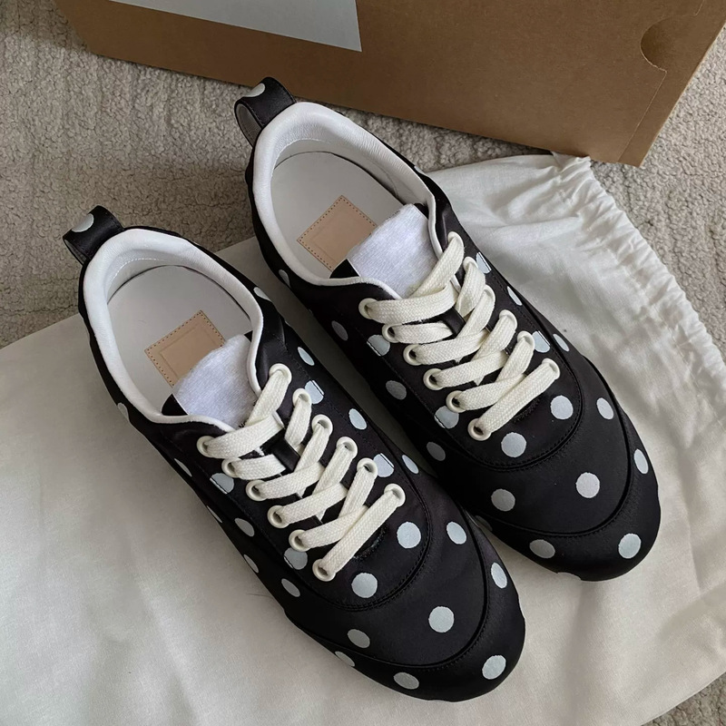 In stock~Thick-soled black polka dot satin German training shoes 2026 style lace-up retro casual shoes thin-soled sneakers for women In stock~Thick-soled black polka dot satin German training shoes 2026 style lace-up retro casual shoes thin-soled sneakers for women