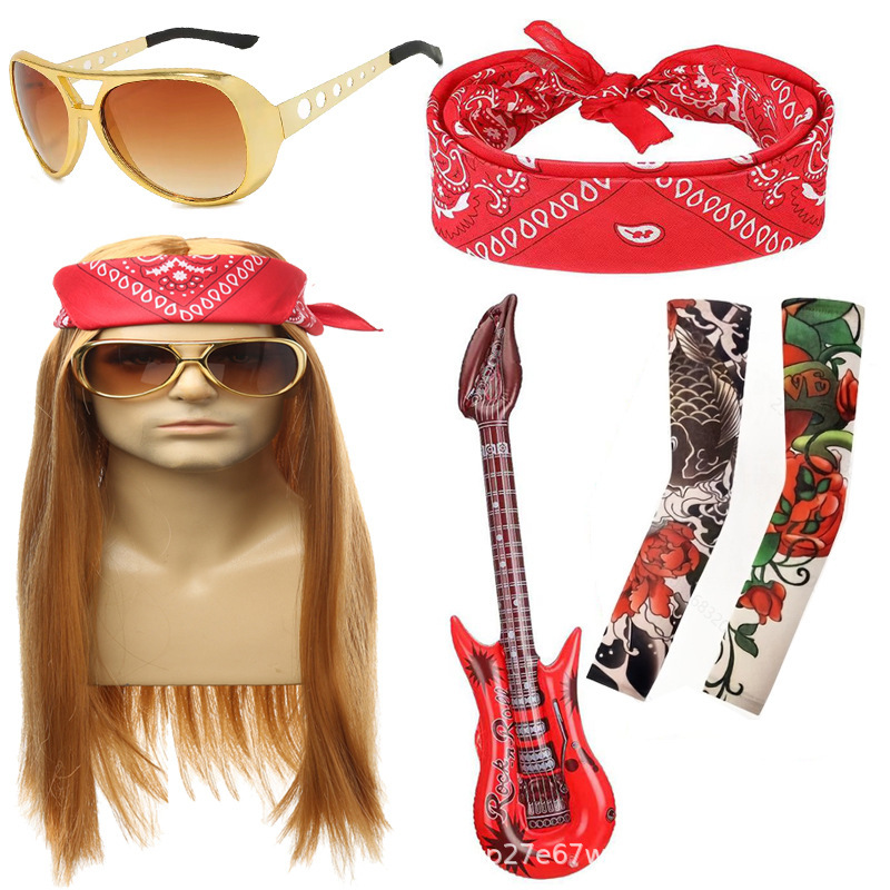 Long Straight Hair Punk Rock Wig Heavy Metal Wig Guitar Tattoo Sleeve Turban Rock Gloves Cross-Border Delivery