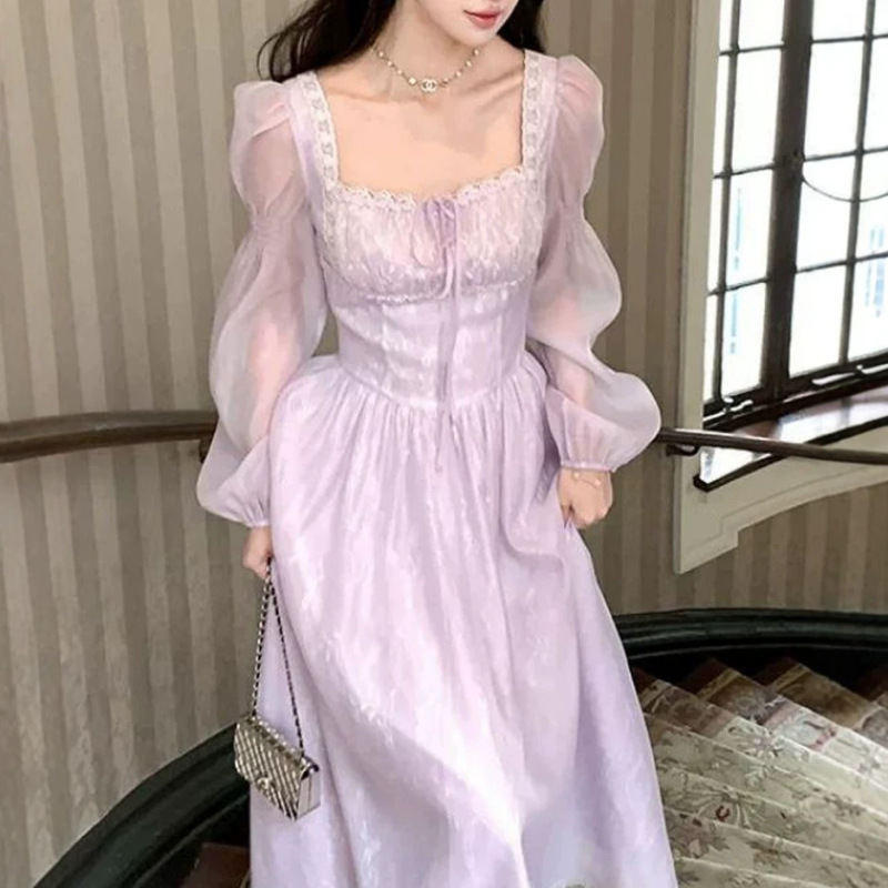 Fresh purple long square-neck long-sleeve dress for women, summer French retro elegant style, waist-cinching dress Fresh purple long square-neck long-sleeve dress for women, summer French retro elegant style, waist-cinching dress
