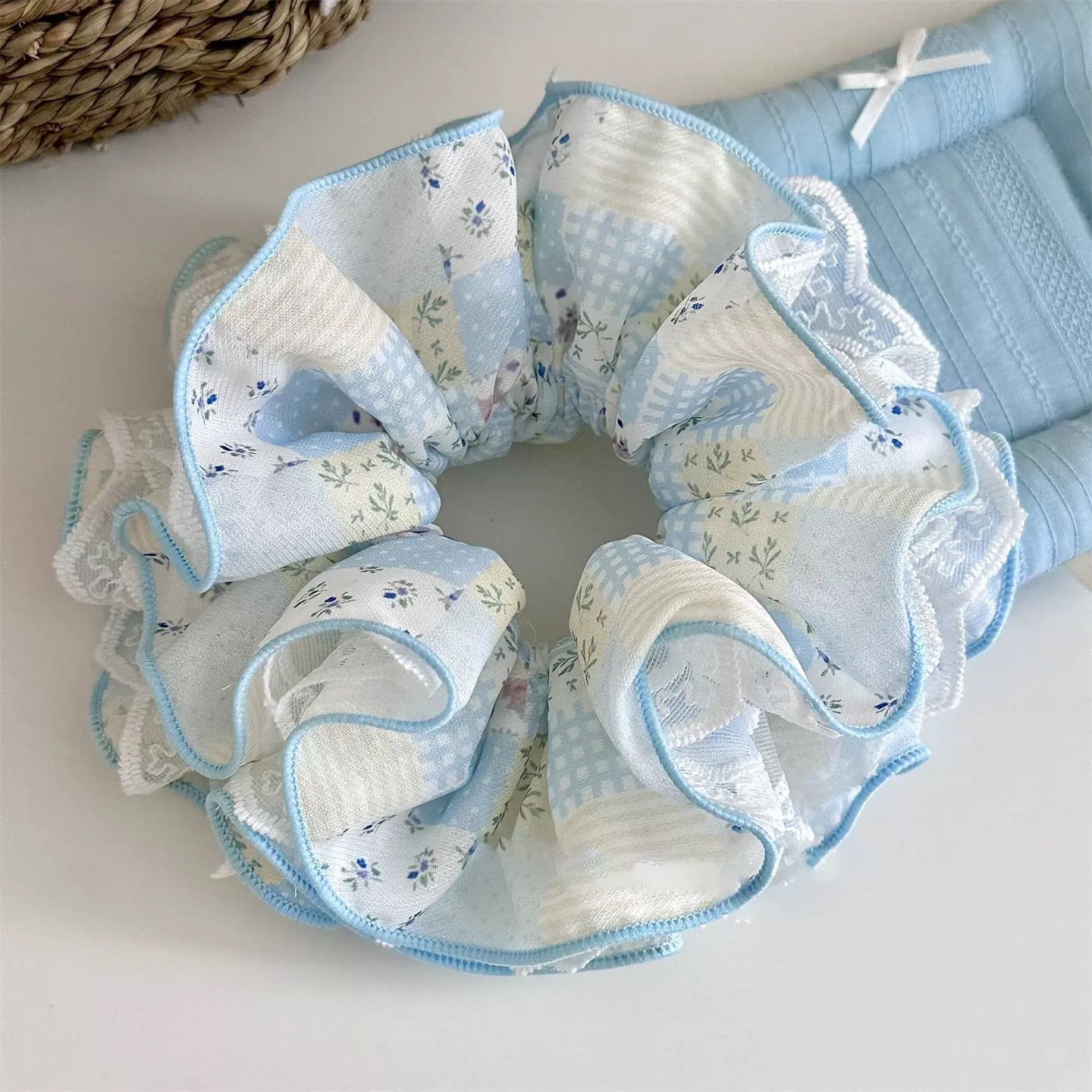 66# sea salt lemon tea yellow and blue striped floral scrunchie, approximately 15cm