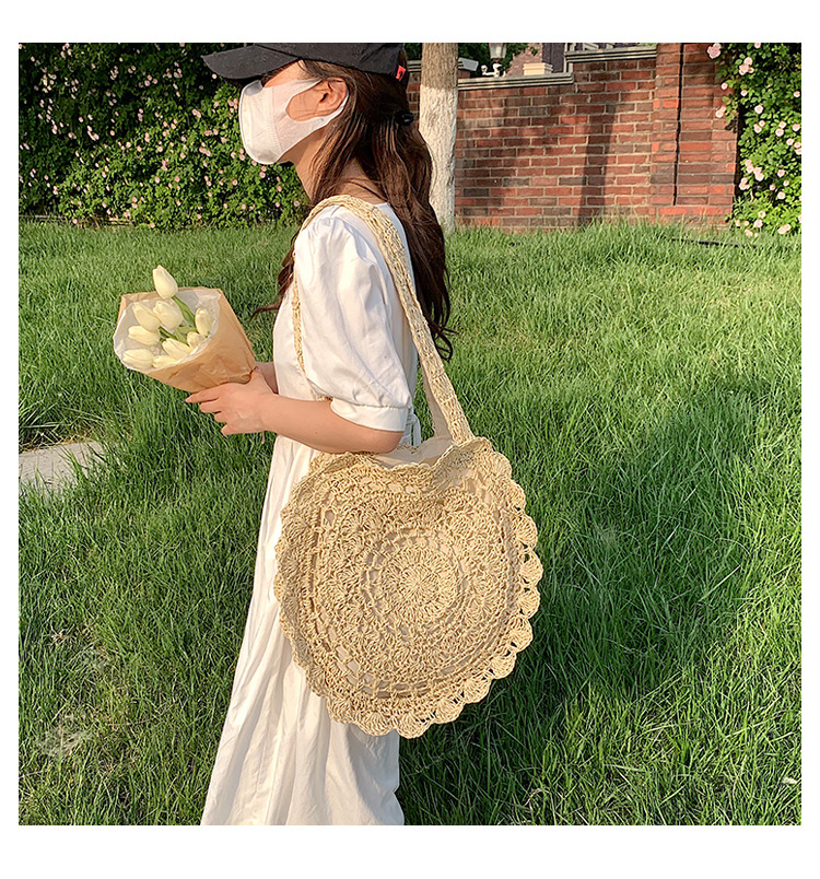 Versione coreana tessuta 2024 nuovo rotondo alla moda corda di carta uncinetto erba borsa tessuta borsa da spiaggia per le vacanze per il tempo libero borsa da donna tessuta_voghion.com