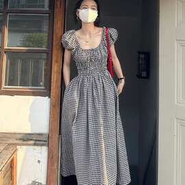 原版做法 前后打揽 格子收腰显瘦连衣裙夏日度假时尚海边沙滩裙