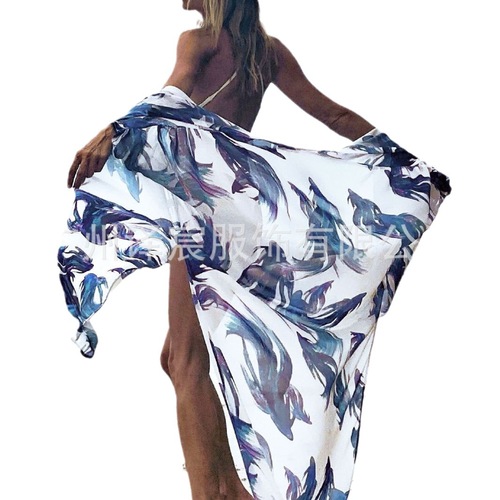 Beach Coverall Women Summer Quality Beach Vacation Chiffon Shirt European and American Open Top Sun Protection Clothing 9419