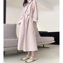 三色衬衫领连衣裙 韩版设计师不规则系带女士长款长袖连衣裙