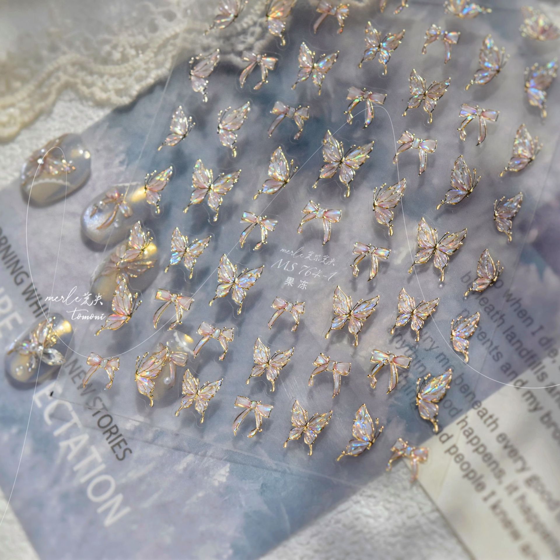 Nueva pegatina de mariposa de uñas Shell Light Light Luxury Estilo premium Mariposa de media ala viene con pegamento adhesivo para la decoración de uñas