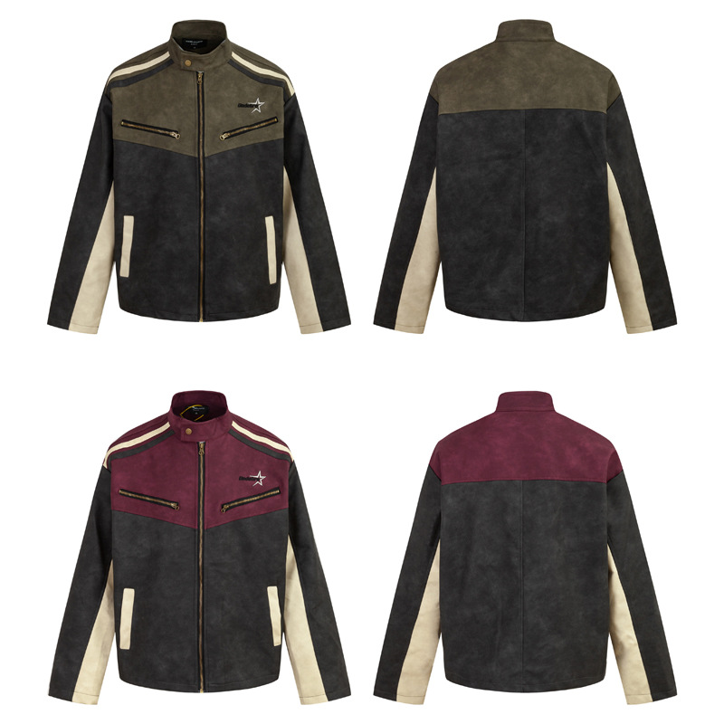 Men's Clothing Autumn New Street Washable Retro Style Loose Jacket Men's Brand Color-matching Casual Leather Jacket_viptrois.com