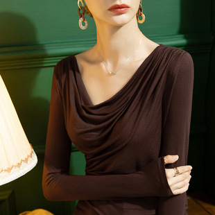 Autumn New Modal Swing Collar Long-sleeved T-shirt Women's Slim-fit Slimming Solid Color Stylish Shirt Base Shirt