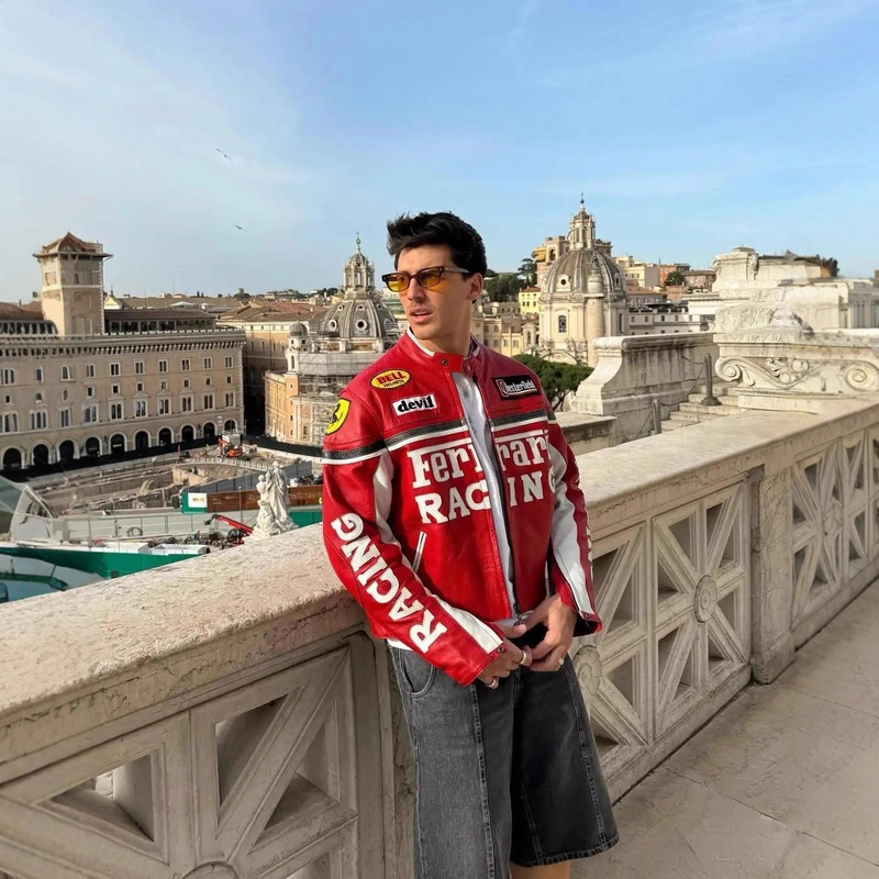 Cross-Border Dream-Level Rare Vintage Motorcycle Jacket Ferrari Team Leather Jacket