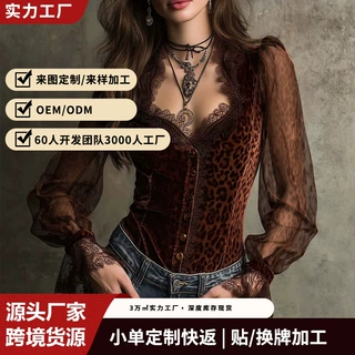 欧美跨境爆款豹纹丝绒拼接网纱长袖上衣V 领蕾丝花边复古辣妹衬衣