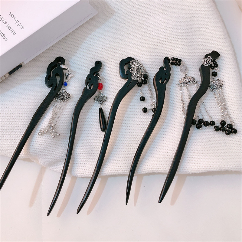 Nueva horquilla de flor de rosa de madera china de alta calidad, bloqueo de larga duración, borla, horquilla para el cabello, accesorios para la cabeza de las mujeres, horquilla para el cabello