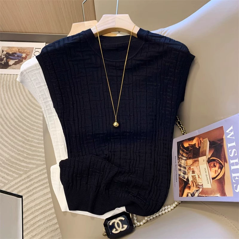 Твидовый стиль: женская короткая футболка с коротким рукавом из ледяного шелка, новинка лета 2025, высококачественный универсальный топ без рукавов