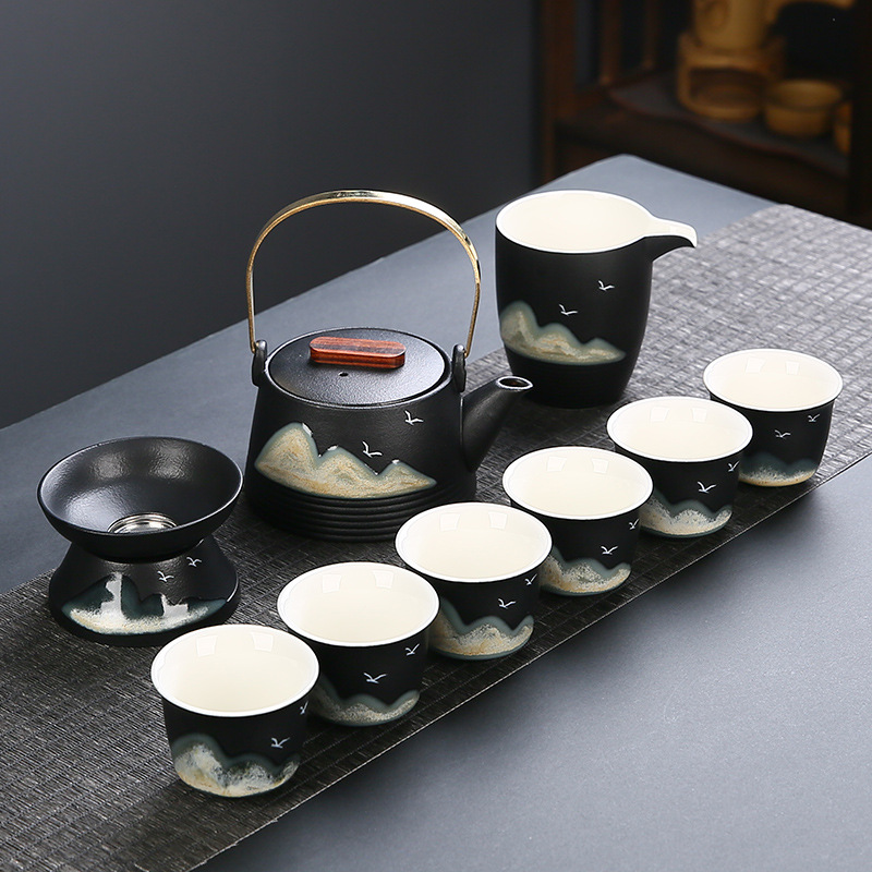 批发黑陶10头提梁壶盖碗石瓢壶陶瓷家用办公泡茶壶整套茶具logo