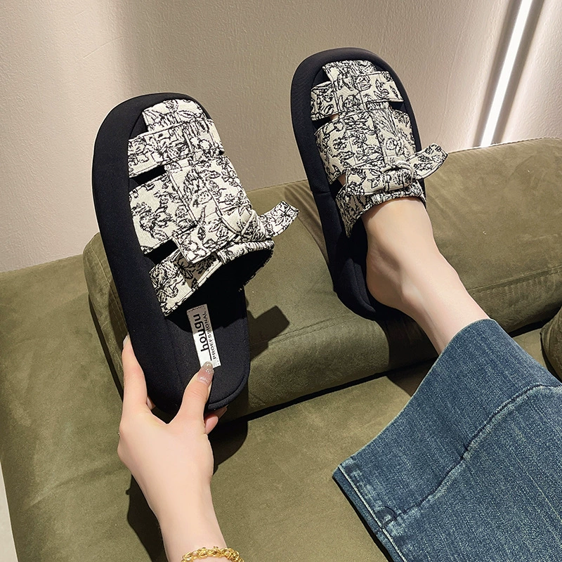 Ретро ткань лапша пресбиопия с юбкой и половинными тапочками женский нанос 2024 новые ленивые холодные тапочки с толстой подошвой