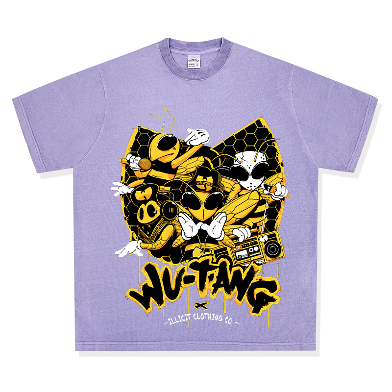 Wu-tang camiseta de manga corta retro americana con estampado lavado y desgastado suéter con capucha y cuello redondo suelto de algodón pesado