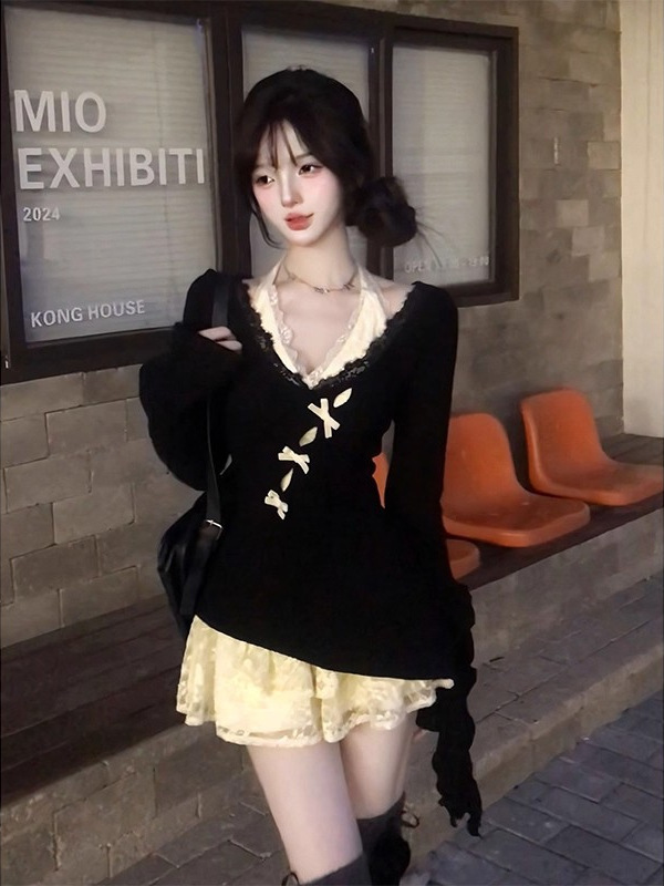 甜辣妹不规则蝴蝶镂空罩衫挂脖蕾丝连衣裙女春秋叠穿漂亮两件套装|undefined