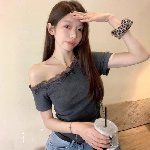 Ins Pure Desire Sexy One-Shoulder Lace Revealing Short-Sleeve T-Shirt Summer Slimming Bodysuit Short-Sleeve Top for Women