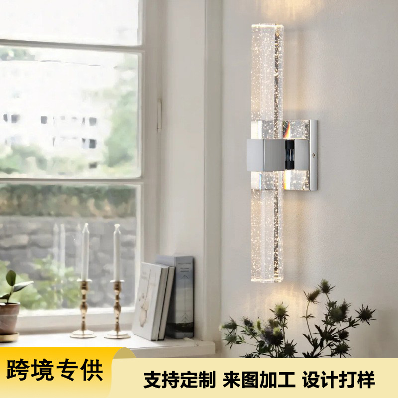 Customized European and American Indoor Crystal Glass Strip Wall Lamp with Silver Metal Frame, Slim Size, Atmospheric Wall Lamp Wholesale