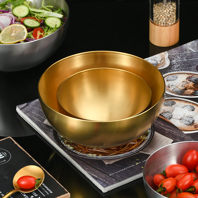 Cuenco de oro del bibimbap que cocina el cuenco grande redondo para el uso comercial Cuenco de fideos frío de una sola capa del cuenco de acero inoxidable del cuenco de ensalada coreano
