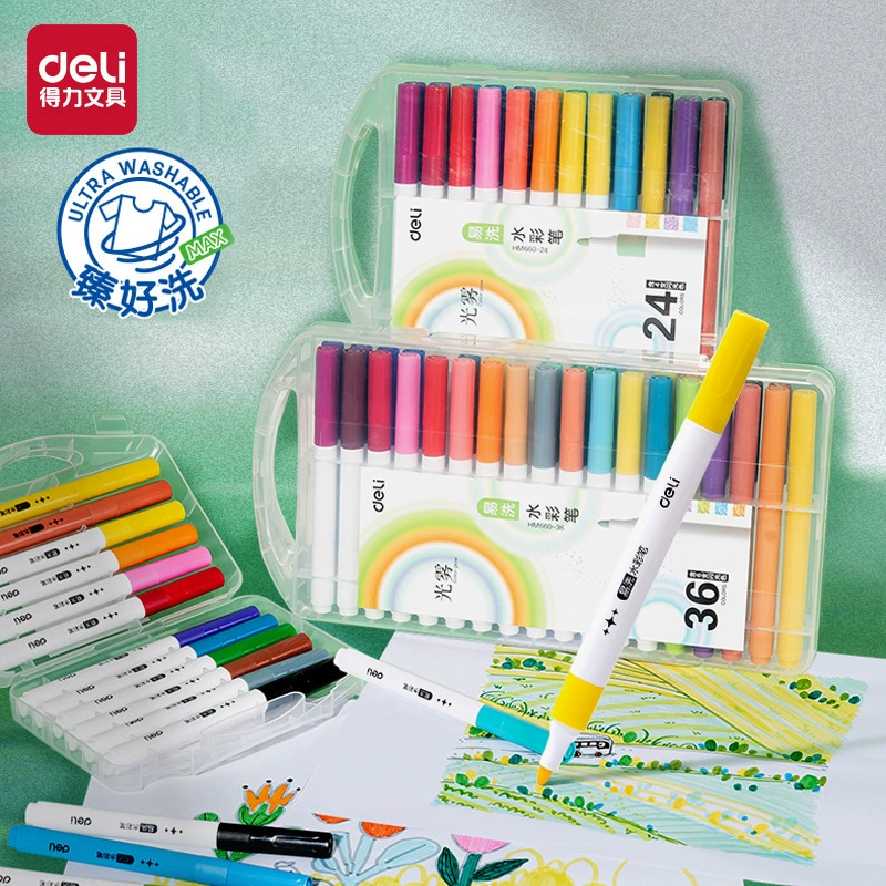 Ручка-акварель Deli HM660-12/24/36_PP в коробке, треугольный корпус, штатив, студенческая для рисования, граффити, кисть-ручка