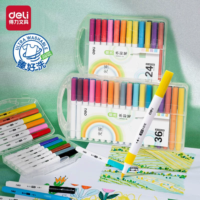 Ручка-акварель Deli HM660-12/24/36_PP в коробке, треугольный корпус, штатив, студенческая для рисования, граффити, кисть-ручка