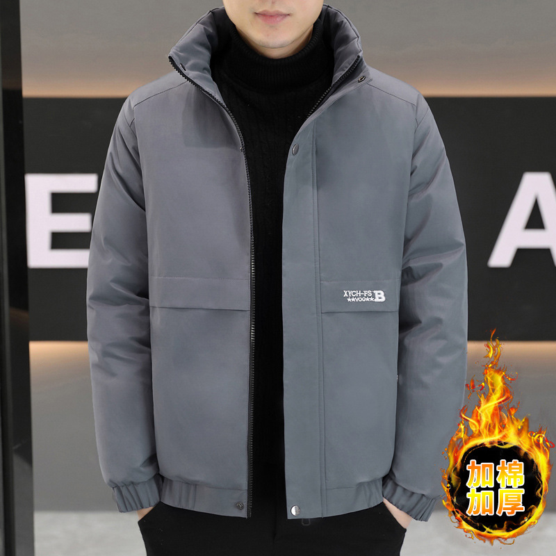 겨울 새로운 2024 면 의류 남성 수직 칼라 솔리드 컬러 두꺼운 따뜻한 코튼 코트 청소년 패션 센스 재킷